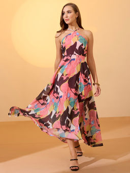 Globus - Multi-Color Abstract Print Halter Neck A-Line Resort Maxi Dress