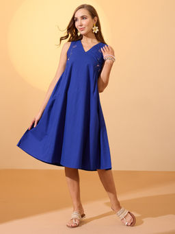 Globus - Blue V-Neck Floral Embroidered Gather and Pleated A-Line Midi Dress