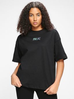 Bewakoof - Womens Black Angle Wings Graphic Printed Oversized T-Shirt