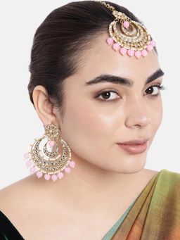 Peora - Gold Plated Traditional Chandbali Design Kundan Dangling Earring Maangtikka Set