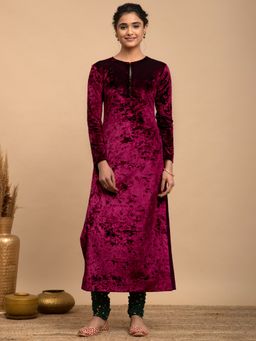 Pink Fort - Velvet Round Neck Kurta-Wine