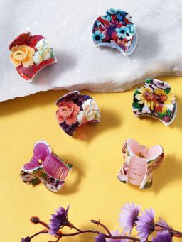 Yellow Chimes - 6 Pieces Claw Clips Floral Print Soft Touch High Quality Hair Clips