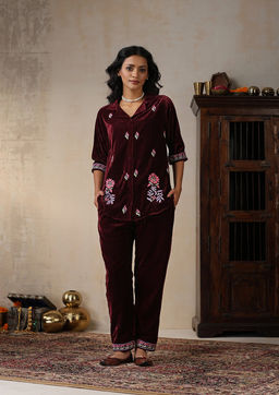 House of Chikankari - Women's Maroon Velvet Chikankari Kurta and Pant