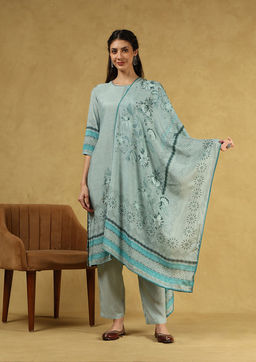 House of Chikankari - Women's Grey Muslin Printed Kurta and Pant with Dupatta