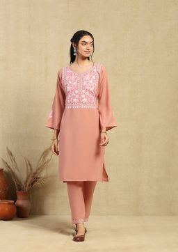 House of Chikankari - Women's Pink Cotton Embroidered Kurta and Pant
