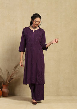 House of Chikankari - Women's Purple Rayon Chikankari Kurta and Palazzo