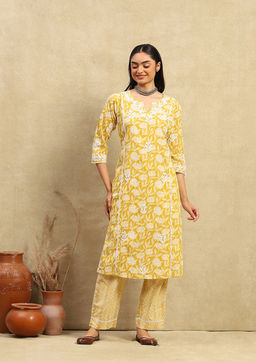 House of Chikankari - Women's Yellow Cotton Chikankari Kurta and Palazzo