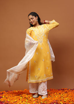 House of Chikankari - Women's Mustard Chanderi Chikankari Kurta and Palazzo Wit Dupatta