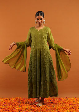 House of Chikankari - Women's Olive Cotton Chikankari Kurta and Salwar with Dupatta