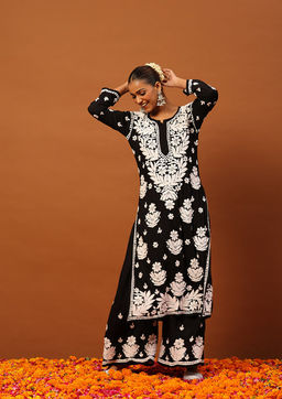House of Chikankari - Women's Black Modal Chikankari Kurta and Palazzo