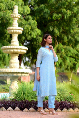 DIMPLE DESIGN STUDIO - Ice Blue Chikankari Suit