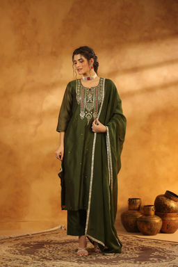 DIMPLE DESIGN STUDIO - Almaa Green Chanderi Suit Set