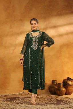 DIMPLE DESIGN STUDIO - Farzana Green Georgette Suit Set
