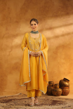 DIMPLE DESIGN STUDIO - Aamna Yellow Chanderi Suit Set