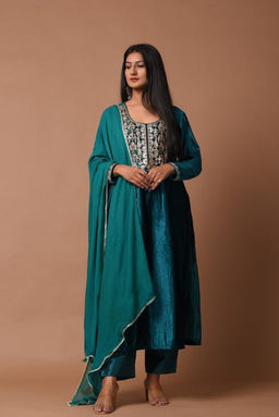 DIMPLE DESIGN STUDIO - Turquoise Velvet Suit Set