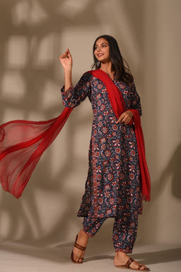 DIMPLE DESIGN STUDIO - Navy-Red Mulmul Suit Set