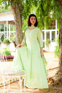 DIMPLE DESIGN STUDIO - Pista Green Anarkali Chikankari Suit