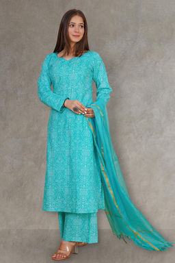 DIMPLE DESIGN STUDIO - Ferozi Blue Bandhej Suit Set