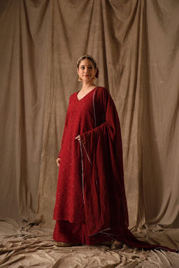 DIMPLE DESIGN STUDIO - Maroon Chikankari Suit Set