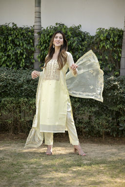 DIMPLE DESIGN STUDIO - Pastel Yellow Gota Suit Set