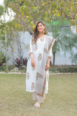 DIMPLE DESIGN STUDIO - White Kota Doria Dupatta Set