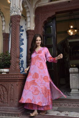 DIMPLE DESIGN STUDIO - Pink Orange Modal Satin Suit Set