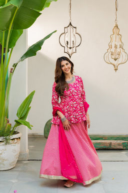 DIMPLE DESIGN STUDIO - Rani Peplum Cotton Top with Skirt and Dupatta