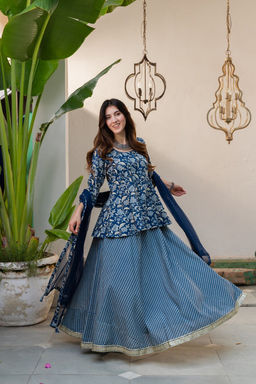 DIMPLE DESIGN STUDIO - Navy Peplum Cotton Top with Skirt and Dupatta