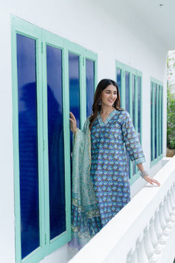 DIMPLE DESIGN STUDIO - Blue Floral Chanderi Suit set