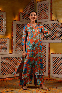 DIMPLE DESIGN STUDIO - Orange Modal Satin Suit Set