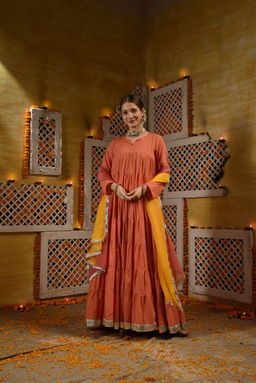 DIMPLE DESIGN STUDIO - Peach Frill Anarkali Suit Set