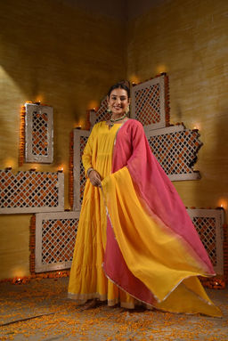 DIMPLE DESIGN STUDIO - Yellow Frill Anarkali Suit Set