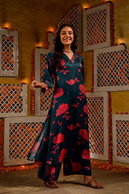 DIMPLE DESIGN STUDIO - Teal Modal Satin Suit Set