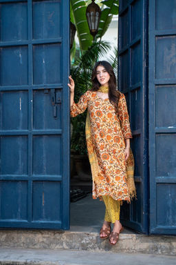 DIMPLE DESIGN STUDIO - Yellow Orange Kota Doria Set