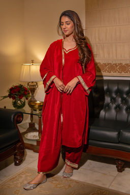 DIMPLE DESIGN STUDIO - Indian Red Velvet Suit Set