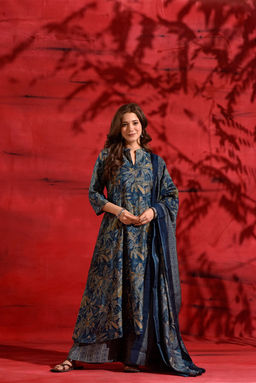 DIMPLE DESIGN STUDIO - Blue Muslin A-Line Suit Set