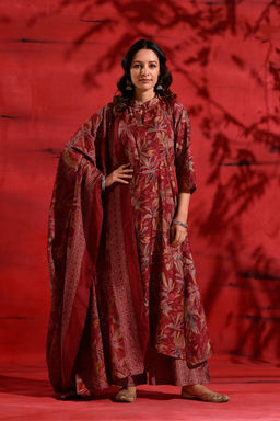 DIMPLE DESIGN STUDIO - Maroon Muslin A-Line Suit Set
