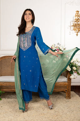 DIMPLE DESIGN STUDIO - Blue Crepe Aari Suit Set