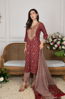 DIMPLE DESIGN STUDIO - Maroon Cotton Gota Suit Set