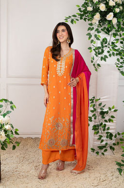 DIMPLE DESIGN STUDIO - Orange Crepe Gota Suit Set