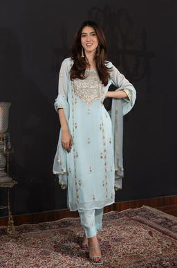 DIMPLE DESIGN STUDIO - Pastel Blue Georgette Gota Suit Set