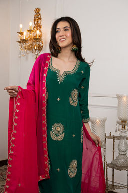 DIMPLE DESIGN STUDIO - Bottle Green Crepe Gota Suit Set