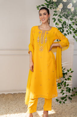 DIMPLE DESIGN STUDIO - Yellow Georgette Marodi Suit Set