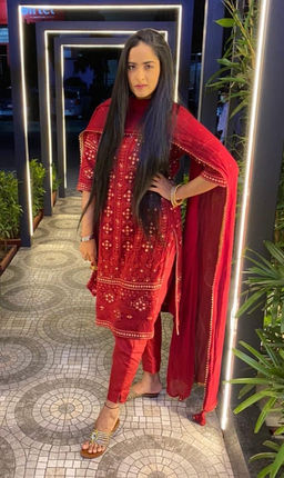 DIMPLE DESIGN STUDIO - Red Chikankari Suit
