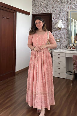 DIMPLE DESIGN STUDIO - Peach Chikankari Maxi Dress
