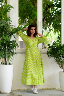 DIMPLE DESIGN STUDIO - Lime Green Angrakha Maxi Dress