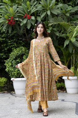 DIMPLE DESIGN STUDIO - Mustard Jaal Anarkali Suit Set