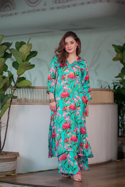DIMPLE DESIGN STUDIO - Turquoise Floral Modal Satin Set