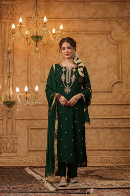 DIMPLE DESIGN STUDIO - Bottle Green Georgette Marodi Suit Set
