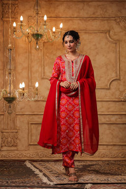 DIMPLE DESIGN STUDIO - Red Bandhani Gota Suit Set